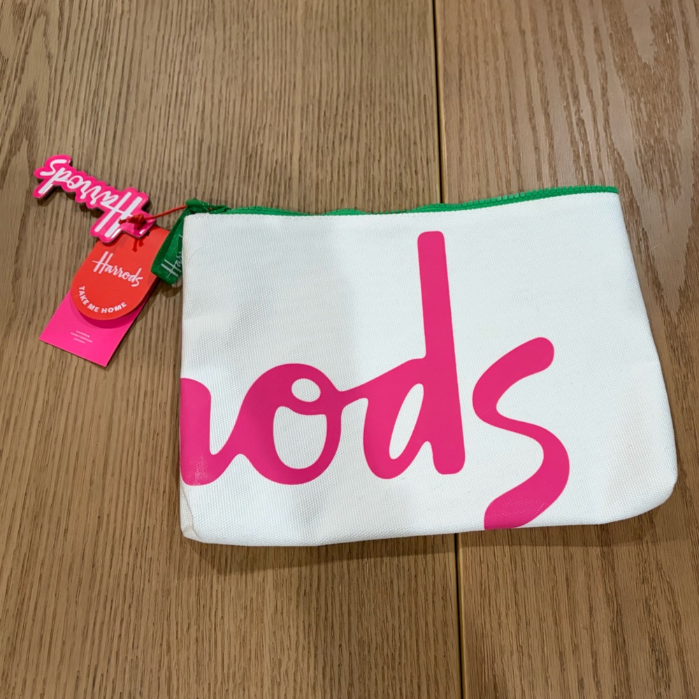 Harrods Ivory w/Pink medium pouch - green zipper.  NWT - Picture 2 of 3